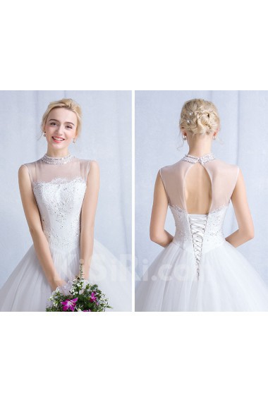 Tulle, Lace High Collar Floor Length Sleeveless Ball Gown Dress with Sequins