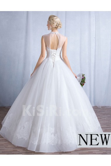 Tulle, Lace High Collar Floor Length Sleeveless Ball Gown Dress with Sequins