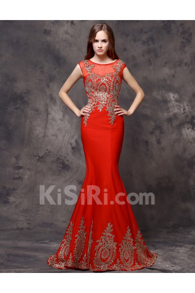 Satin, Lace Jewel Sweep Train Cap Sleeve Mermaid Dress with Rhinestone