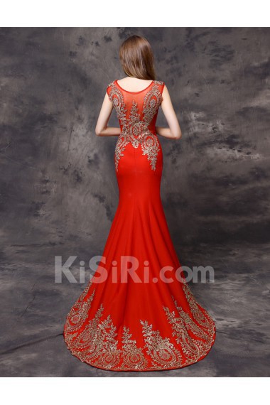 Satin, Lace Jewel Sweep Train Cap Sleeve Mermaid Dress with Rhinestone