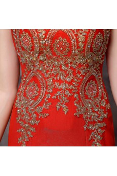 Satin, Lace Jewel Sweep Train Cap Sleeve Mermaid Dress with Rhinestone