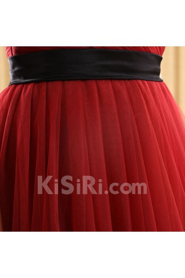 Organza Off-the-Shoulder Floor Length Short Sleeve A-line Dress with Sash