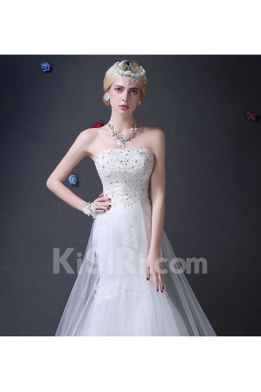 Organza Strapless Sweep Train Sleeveless Mermaid Dress with Rhinestone