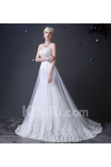 Organza Strapless Sweep Train Sleeveless Mermaid Dress with Rhinestone