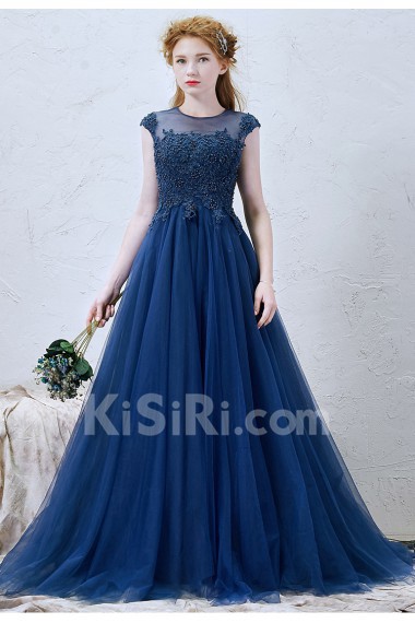 Lace, Tulle Jewel Sweep Train Cap Sleeve A-line Dress with Rhinestone
