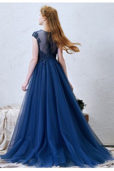 Lace, Tulle Jewel Sweep Train Cap Sleeve A-line Dress with Rhinestone