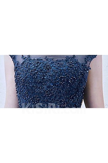 Lace, Tulle Jewel Sweep Train Cap Sleeve A-line Dress with Rhinestone
