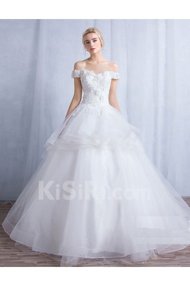 Tulle, Lace Off-the-Shoulder Sweep Train Ball Gown Dress with Handmade Flowers