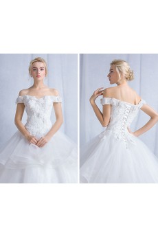 Tulle, Lace Off-the-Shoulder Sweep Train Ball Gown Dress with Handmade Flowers