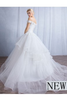 Tulle, Lace Off-the-Shoulder Sweep Train Ball Gown Dress with Handmade Flowers