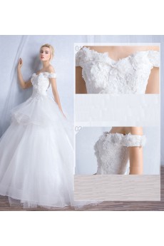 Tulle, Lace Off-the-Shoulder Sweep Train Ball Gown Dress with Handmade Flowers