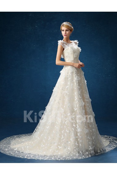 Organza Scoop Sweep Train Cap Sleeve A-line Dress with Flower, Beads