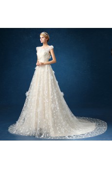Organza Scoop Sweep Train Cap Sleeve A-line Dress with Flower, Beads