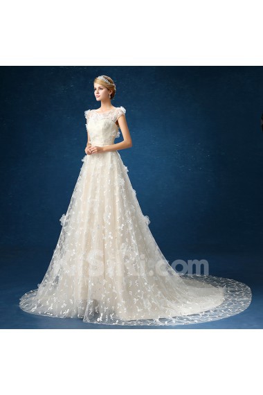 Organza Scoop Sweep Train Cap Sleeve A-line Dress with Flower, Beads