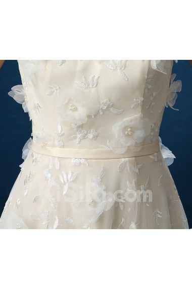 Organza Scoop Sweep Train Cap Sleeve A-line Dress with Flower, Beads
