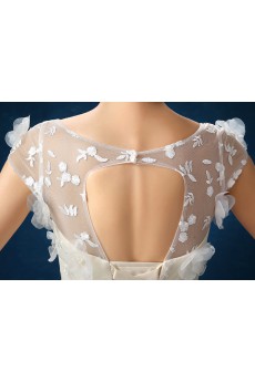 Organza Scoop Sweep Train Cap Sleeve A-line Dress with Flower, Beads