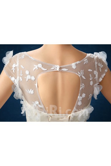 Organza Scoop Sweep Train Cap Sleeve A-line Dress with Flower, Beads