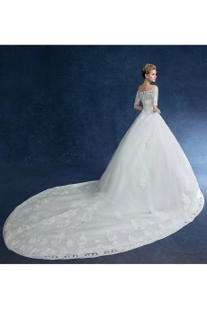 Tulle, Lace, Satin Off-the-Shoulder Chapel Train Half Sleeve Ball Gown Dress with Embroidered