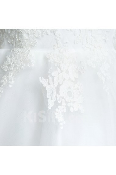 Tulle, Lace, Satin Off-the-Shoulder Chapel Train Half Sleeve Ball Gown Dress with Embroidered