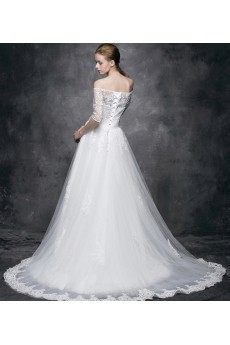 Tulle, Lace, Satin Off-the-Shoulder Chapel Train Half Sleeve A-line Dress with Beads