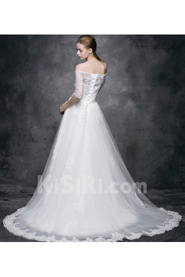 Tulle, Lace, Satin Off-the-Shoulder Chapel Train Half Sleeve A-line Dress with Beads