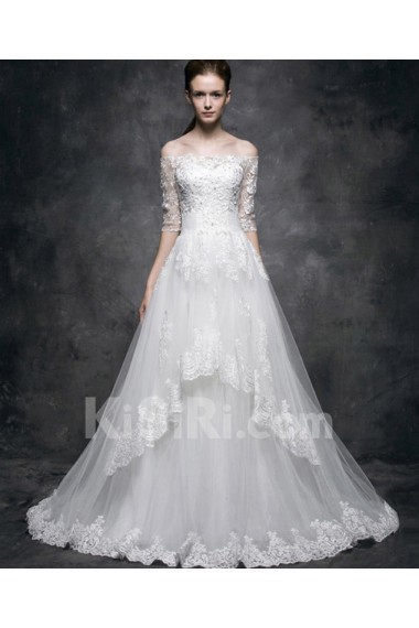 Tulle, Lace, Satin Off-the-Shoulder Chapel Train Half Sleeve A-line Dress with Beads