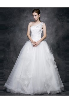 Lace, Satin, Tulle One-shoulder Floor Length Sleeveless Ball Gown Dress with Rhinestone, Beads