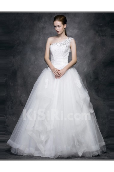 Lace, Satin, Tulle One-shoulder Floor Length Sleeveless Ball Gown Dress with Rhinestone, Beads