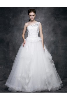 Lace, Satin, Tulle One-shoulder Floor Length Sleeveless Ball Gown Dress with Rhinestone, Beads