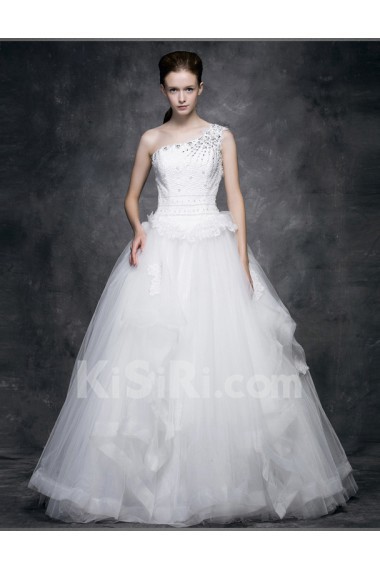 Lace, Satin, Tulle One-shoulder Floor Length Sleeveless Ball Gown Dress with Rhinestone, Beads