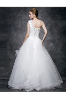 Lace, Satin, Tulle One-shoulder Floor Length Sleeveless Ball Gown Dress with Rhinestone, Beads