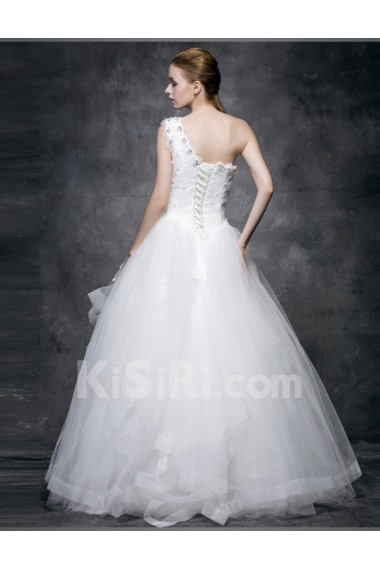 Lace, Satin, Tulle One-shoulder Floor Length Sleeveless Ball Gown Dress with Rhinestone, Beads
