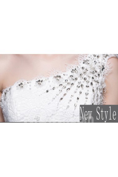 Lace, Satin, Tulle One-shoulder Floor Length Sleeveless Ball Gown Dress with Rhinestone, Beads