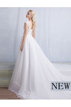 Tulle, Lace Square Chapel Train Cap Sleeve A-line Dress with Bow
