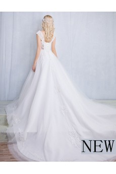 Tulle, Lace Square Chapel Train Cap Sleeve A-line Dress with Bow