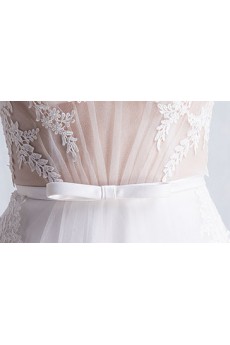 Tulle, Lace Square Chapel Train Cap Sleeve A-line Dress with Bow