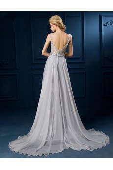 Tulle, Lace V-neck Sweep Train Sleeveless A-line Dress with Rhinestone