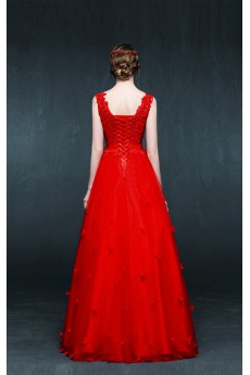 Tulle, Lace, Satin V-neck Floor Length Sleeveless A-line Dress with Handmade Flowers, Sash