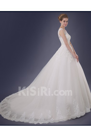 Organza, Lace Scoop Chapel Train Cap Sleeve A-line Dress with Sash, Sequins