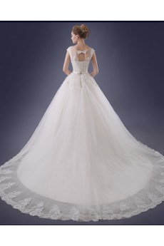 Organza, Lace Scoop Chapel Train Cap Sleeve A-line Dress with Sash, Sequins