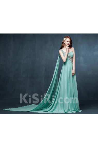 Chiffon, Satin One-shoulder Sweep Train Sleeveless A-line Dress with Rhinestone