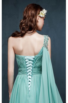 Chiffon, Satin One-shoulder Sweep Train Sleeveless A-line Dress with Rhinestone
