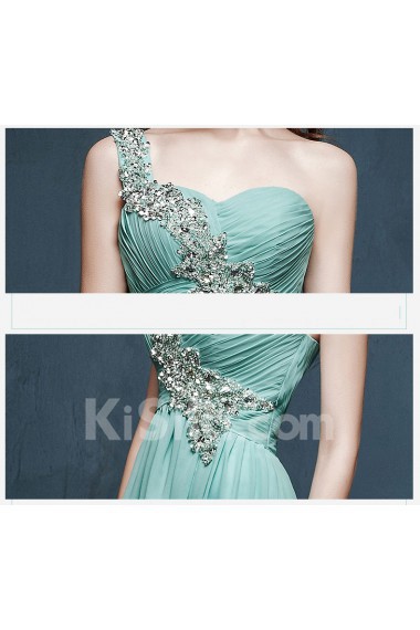 Chiffon, Satin One-shoulder Sweep Train Sleeveless A-line Dress with Rhinestone