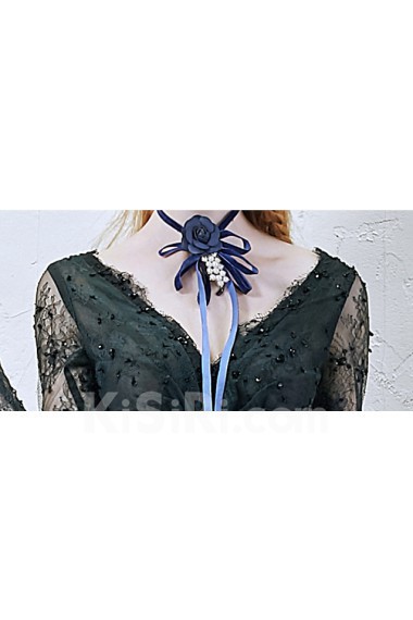 Lace, Tulle V-neck Knee-Length Long Sleeve Ball Gown Dress with Ruched