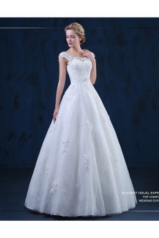 Tulle, Lace Scoop Floor Length Cap Sleeve A-line Dress with Applique, Beads