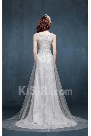 Tulle, Lace Scoop Sweep Train Sleeveless Sheath Dress with Rhinestone, Sash