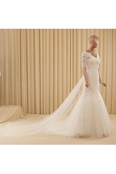 Lace, Tulle V-neck Chapel Train Half Sleeve Mermaid Dress