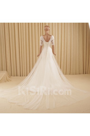 Lace, Tulle V-neck Chapel Train Half Sleeve Mermaid Dress