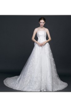 Lace, Satin, Tulle Strapless Chapel Train Sleeveless A-line Dress with Beads, Bow