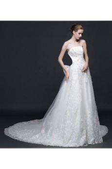 Lace, Satin, Tulle Strapless Chapel Train Sleeveless A-line Dress with Beads, Bow